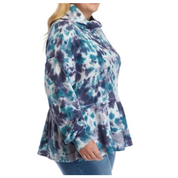 NEW‎ Waffle Knit Pullover Top Plus Size 2X Peplum Mock Neck Blue White Tie Dye - Picture 3 of 8